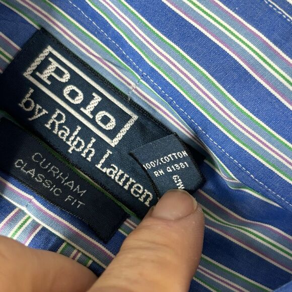 Polo Ralph Lauren Shirt Mens L 16.5 Curham Fit Oxford Button Down Blue Stripe - Picture 7 of 9